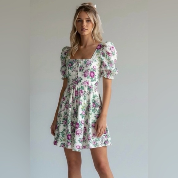 ASOS Dresses & Skirts - ASOS Design Floral Mini Dress Cottagecore Puff Sleeve White Purple‎ Size S